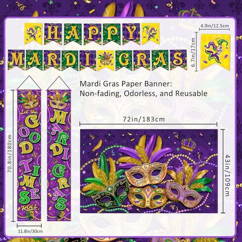تشتمل ديكورات Mardi Gras على خلفية ولافتة ودوامات معلقة ولافتة للشرفة وكرات ورقية وقطع مركزية على شكل قرص العسل للباب الأمامي الداخلي/الخارجي وحفلة تنكرية للمنزل in Kuwait