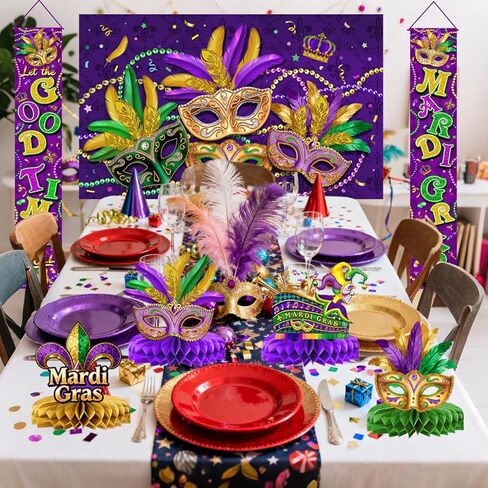 تشتمل ديكورات Mardi Gras على خلفية ولافتة ودوامات معلقة ولافتة للشرفة وكرات ورقية وقطع مركزية على شكل قرص العسل للباب الأمامي الداخلي/الخارجي وحفلة تنكرية للمنزل in Kuwait