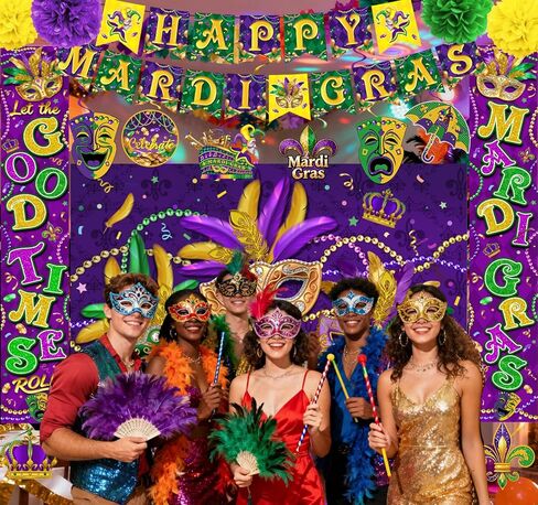 تشتمل ديكورات Mardi Gras على خلفية ولافتة ودوامات معلقة ولافتة للشرفة وكرات ورقية وقطع مركزية على شكل قرص العسل للباب الأمامي الداخلي/الخارجي وحفلة تنكرية للمنزل in Kuwait