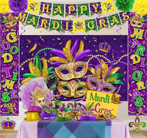 تشتمل ديكورات Mardi Gras على خلفية ولافتة ودوامات معلقة ولافتة للشرفة وكرات ورقية وقطع مركزية على شكل قرص العسل للباب الأمامي الداخلي/الخارجي وحفلة تنكرية للمنزل in Kuwait