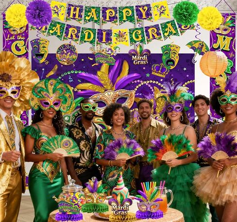 تشتمل ديكورات Mardi Gras على خلفية ولافتة ودوامات معلقة ولافتة للشرفة وكرات ورقية وقطع مركزية على شكل قرص العسل للباب الأمامي الداخلي/الخارجي وحفلة تنكرية للمنزل in Kuwait