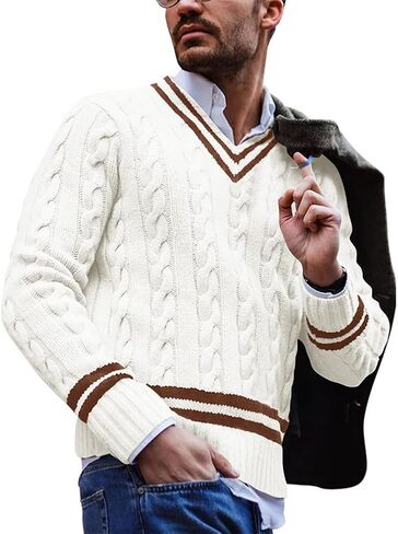 chouyatou Men's Casual V Neck Contrast Stripes Cable Knit Pullover Sweater Tops in Saudi Arabia