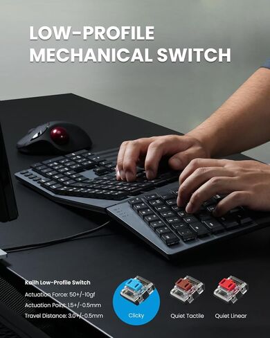 Perixx PERIBOARD-535BL [Firmware Updated] Wired Ergonomic Mechanical Keyboard - Full-Size - Low-Profile Blue Clicky Switches - Compatible with Windows and macOS in Saudi Arabia