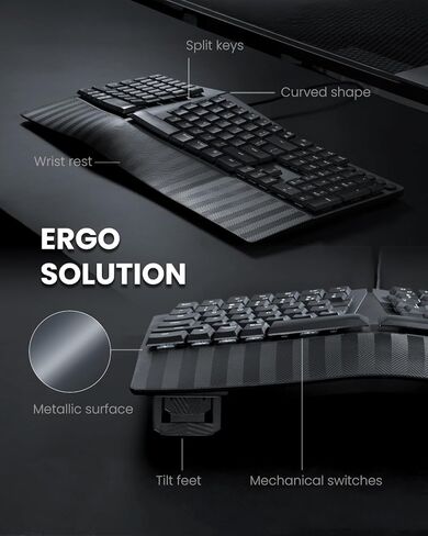 Perixx PERIBOARD-535BL [Firmware Updated] Wired Ergonomic Mechanical Keyboard - Full-Size - Low-Profile Blue Clicky Switches - Compatible with Windows and macOS in Saudi Arabia
