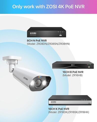 ZOSI 4K PoE Add-on Camera, Person Vehicle Detection, Two Way Audio, Color Night Vision, 8MP Outdoor Indoor Weatherproof Home Security Metal Bullet Cam, Only Compatible with Same Brand 4K POE NVR in Saudi Arabia