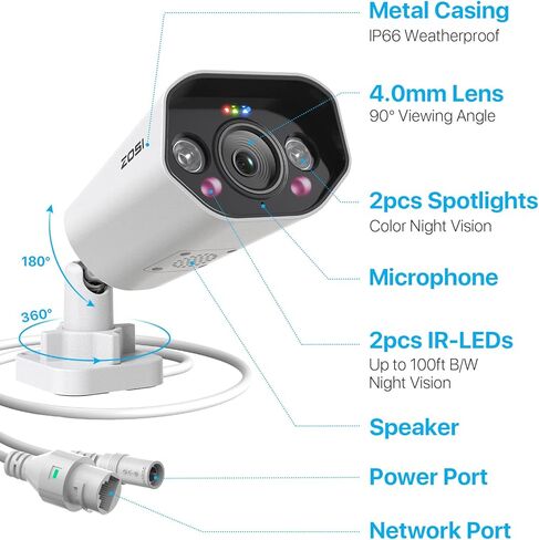 ZOSI 4K PoE Add-on Camera, Person Vehicle Detection, Two Way Audio, Color Night Vision, 8MP Outdoor Indoor Weatherproof Home Security Metal Bullet Cam, Only Compatible with Same Brand 4K POE NVR in Saudi Arabia