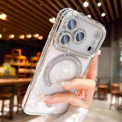 حافظة مغناطيسية لامعة من الألماس لهاتف iPhone 17 Pro Max [متوافقة مع MagSafe] حماية كاميرا من الألماس اللامع مضادة للصدمات وشفافة وجذابة للنساء والفتيات، فضي in Kuwait