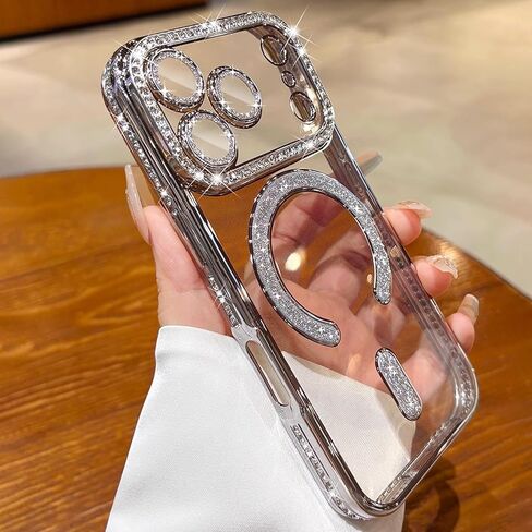 حافظة مغناطيسية لامعة من الألماس لهاتف iPhone 17 Pro Max [متوافقة مع MagSafe] حماية كاميرا من الألماس اللامع مضادة للصدمات وشفافة وجذابة للنساء والفتيات، فضي in Kuwait