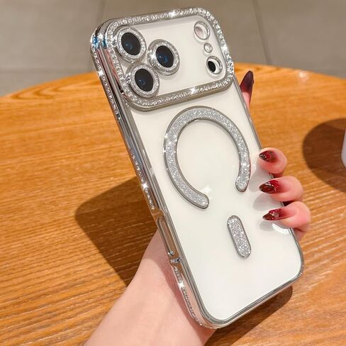 حافظة مغناطيسية لامعة من الألماس لهاتف iPhone 17 Pro Max [متوافقة مع MagSafe] حماية كاميرا من الألماس اللامع مضادة للصدمات وشفافة وجذابة للنساء والفتيات، فضي in Kuwait