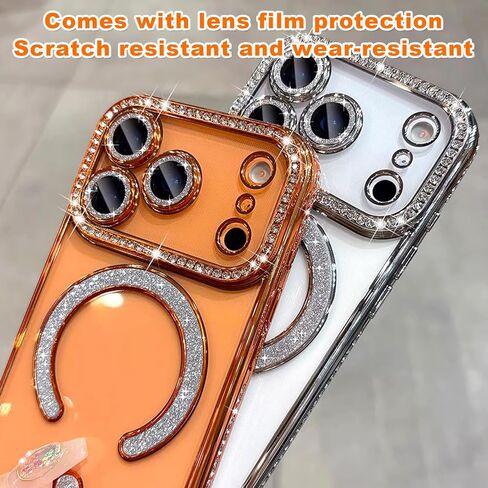 حافظة مغناطيسية لامعة من الألماس لهاتف iPhone 17 Pro Max [متوافقة مع MagSafe] حماية كاميرا من الألماس اللامع مضادة للصدمات وشفافة وجذابة للنساء والفتيات، فضي in Kuwait