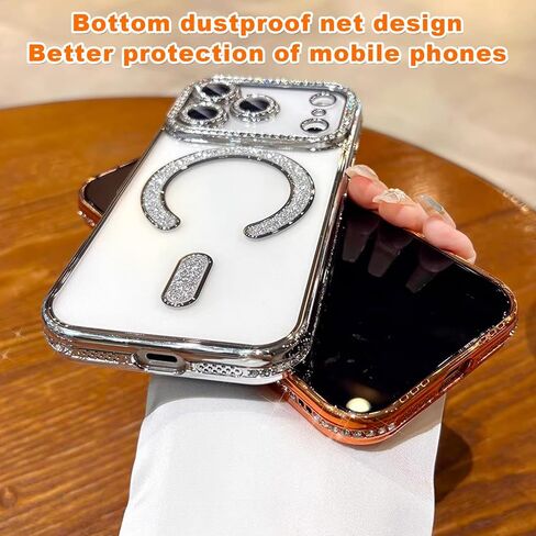 حافظة مغناطيسية لامعة من الألماس لهاتف iPhone 17 Pro Max [متوافقة مع MagSafe] حماية كاميرا من الألماس اللامع مضادة للصدمات وشفافة وجذابة للنساء والفتيات، فضي in Kuwait