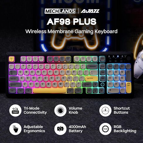 MechLands AJAZZ AF98 Plus Membrane Keyboard, Tri-Mode Wireless Gaming Keyboard, for Win/Mac/iOS, Bluetooth 5.0/2.4G/USB-C, RGB Backlit, 4000mAh Battery, Volume Knob, Adjustable Stand (Black Grey) in Kuwait