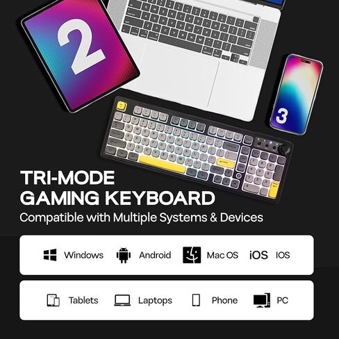 MechLands AJAZZ AF98 Plus Membrane Keyboard, Tri-Mode Wireless Gaming Keyboard, for Win/Mac/iOS, Bluetooth 5.0/2.4G/USB-C, RGB Backlit, 4000mAh Battery, Volume Knob, Adjustable Stand (Black Grey) in Kuwait