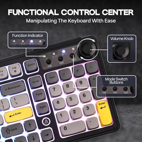 MechLands AJAZZ AF98 Plus Membrane Keyboard, Tri-Mode Wireless Gaming Keyboard, for Win/Mac/iOS, Bluetooth 5.0/2.4G/USB-C, RGB Backlit, 4000mAh Battery, Volume Knob, Adjustable Stand (Black Grey) in Kuwait