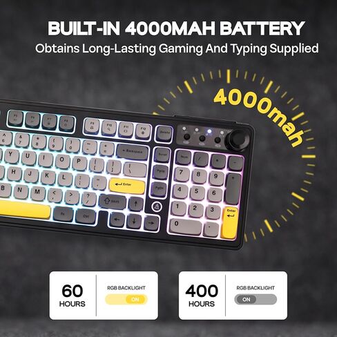 MechLands AJAZZ AF98 Plus Membrane Keyboard, Tri-Mode Wireless Gaming Keyboard, for Win/Mac/iOS, Bluetooth 5.0/2.4G/USB-C, RGB Backlit, 4000mAh Battery, Volume Knob, Adjustable Stand (Black Grey) in Kuwait