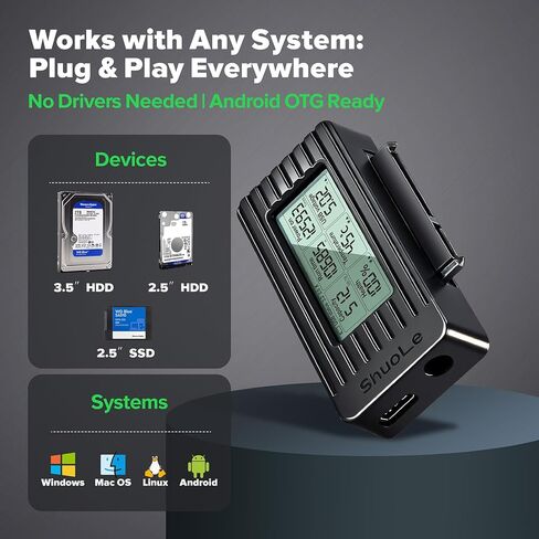 محول SATA إلى USB 3.2 مع شاشة LCD - محول محرك أقراص ثابتة بسرعة 5 جيجابت في الثانية لمحرك أقراص SSD/HDD مقاس 2.5 بوصة/3.5 بوصة يصل إلى 18 تيرابايت | معجل UASP | متوافق مع ويندوز/ماك/لينكس/أندرويد in Kuwait