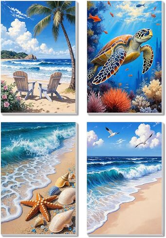Bgpunt 4 Pack Paint by Numbers for Adults with Framed, Beach Paint by Number on Canvas, DIY Sea Turtle Acrylic Oil Painting Kits Crafts for Adults Home Wall Decor, 8x12 inch in Saudi Arabia