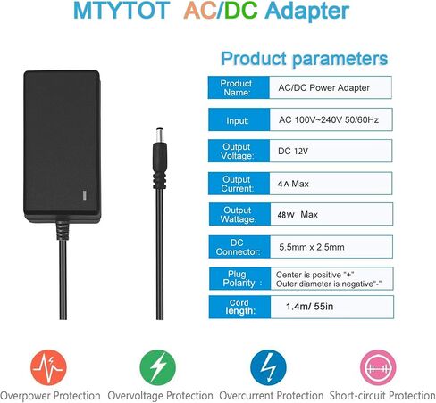 DC 12V 4A Power Supply 48w ac Adapter 100-240v 50-60hz to 12 Volts 4A 3Amp 2A Transformer, dc 12V Power Adapter Cord, 5.5mm x 2.5mm 2.1mm Plug for dc12v LED Strip Light in Saudi Arabia