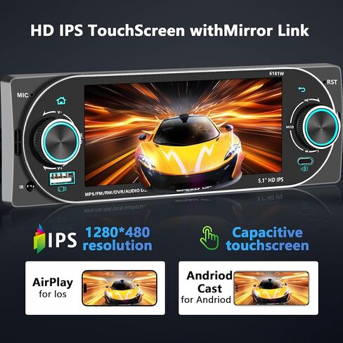 راديو سيارة ستيريو لاسلكي من Apple Carplay، مقابض مزدوجة وراديو شاشة لمس عالية الدقة 6.36 بوصة للسيارة، بلوتوث 5.3 تشغيل السيارة Android Auto، مخرج 60 وات × 4، راديو AM/FM، USB، SWC، كاميرا احتياطية 6181A in Kuwait