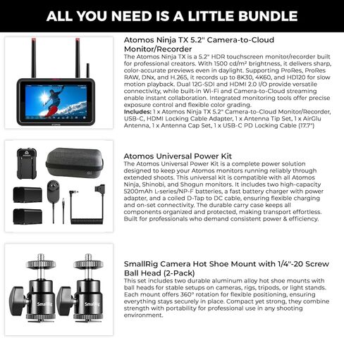 Atomos Ninja TX 5.2" Camera-Cloud Monitor/Recorder - HDR Resolution Touchscreen Display with Atomos Creator Accessory Kit, Power Battery and Single Charger - Advanced Bundle Kit in Saudi Arabia