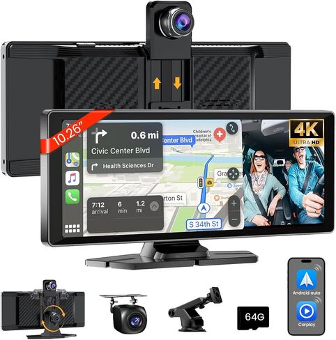 10.26" HD Carplay Screen for Car Stereo, 4K Dash Cam Wireless Portable Touch Screen Car Play with Apple Carplay & Android Auto with 1080P Back Up Camera, Bluetooth, Mirror Link, GPS, AUX+64GB in Kuwait