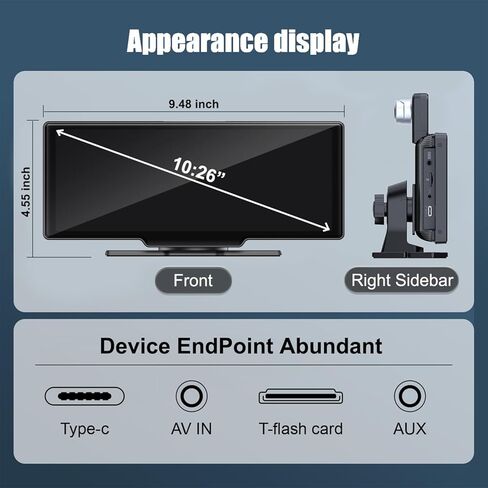10.26" HD Carplay Screen for Car Stereo, 4K Dash Cam Wireless Portable Touch Screen Car Play with Apple Carplay & Android Auto with 1080P Back Up Camera, Bluetooth, Mirror Link, GPS, AUX+64GB in Saudi Arabia