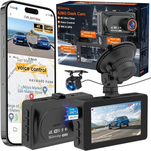 Milerong Dash Cam أمامية وخلفية وداخلية، كاميرا FHD 1920P للسيارات، كاميرا Dashcam ثلاثية الاتجاهات للسيارة مع رؤية ليلية بالأشعة تحت الحمراء، كاميرا داخلية دوارة، وضع انتظار 24 ساعة، WDR in Kuwait