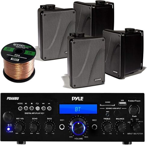 Pyle PDA6BU راديو بلوتوث USB AUX حزمة استقبال ستيريو مع 4x Kicker KB6000B 6.5 بوصة رف كتب كامل المدى مكبر صوت مقاوم للماء + 1x Enrock 50ft 16g سلك مكبر صوت in Saudi Arabia