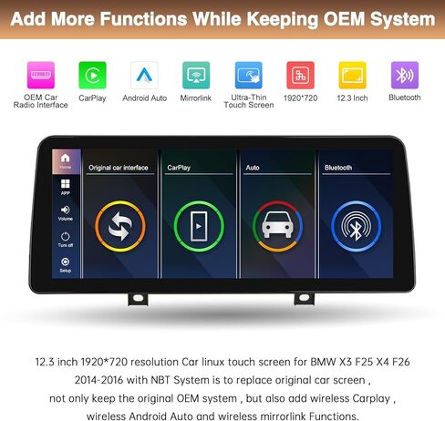 Wireless Carplay/Android Auto for BMW X3 F25 X4 F26 2014-2016 with NBT System 12.3 Inch Car Touch Screen Supprt Android Auto,Bluettoth,Mirrorlink,Siri,GPS,Rear Camera,Original Car Functions in Saudi Arabia