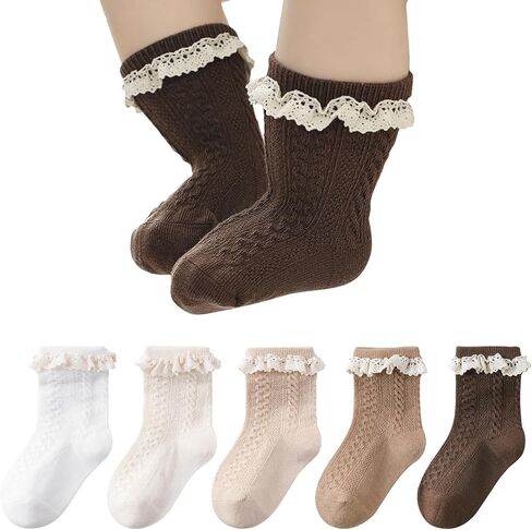 Meeshine 5 Pack Toddler Girls Ruffle Socks Eyelet Lace Trim Cotton Frilly Princess Dress Mesh Ankle Socks for 0-3T Infant in Saudi Arabia