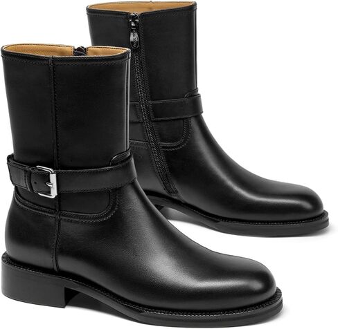BEAU TODAY Motorcycle Boots Women, Genuine Leather Platform Ankle Boots, Womens Round Toe Chunky Low Heel Biker Boots, Fashion Outdoor Non Slip Motor Boots with Buckles in Saudi Arabia