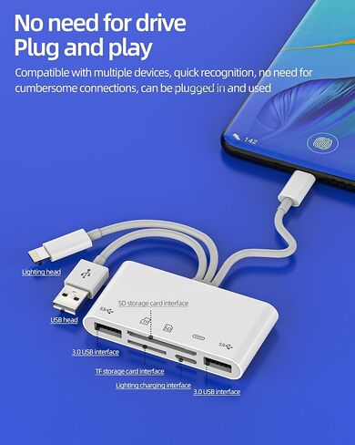 USB C Lightning USB محول 5in1 SD Micro SD قارئ بطاقة USB 3.0 منافذ شاحن لـ iPhone16 15 محول عصا الذاكرة متوافق مع Samsung Galaxy for iPad Pro MacBook Camera Storage Hub Accessories in Saudi Arabia