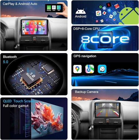 راديو 4G LTE QLED لسيارة Honda CR-V CRV 2003 2004 2005 2006، ترقية ستيريو 8 كور بشاشة تعمل باللمس، تشغيل لاسلكي وأندرويد أوتو، كاميرا احتياطية مجانية in Kuwait