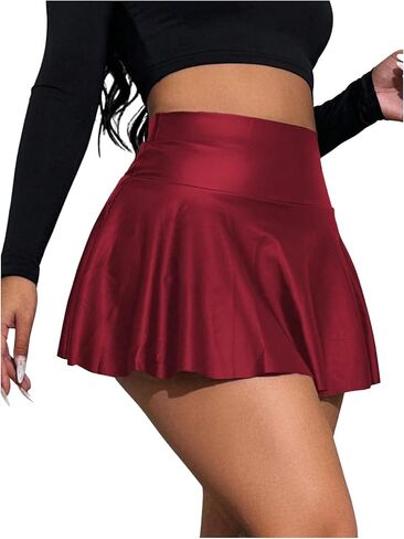 OYOANGLE Women's Pu Leather Elastic High Waist Skorts Ruffle Hem Casual Flared Skirt Shorts in Saudi Arabia
