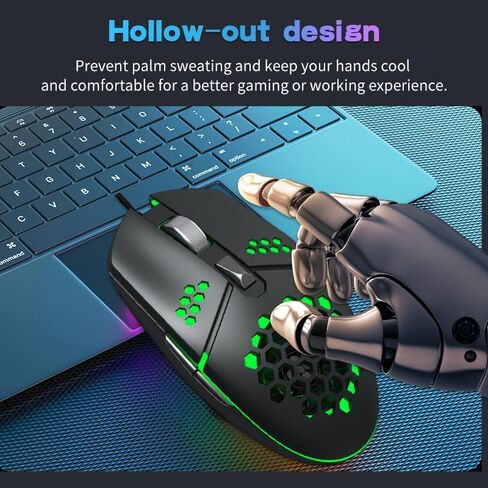 ماوس ألعاب خفيف الوزن مع إضاءة خلفية RGB، تصميم مريح مع عجلة مضادة للانزلاق، مناسب لأجهزة الكمبيوتر المحمول والكمبيوتر الشخصي والكمبيوتر المحمول والكمبيوتر (أسود) in Saudi Arabia