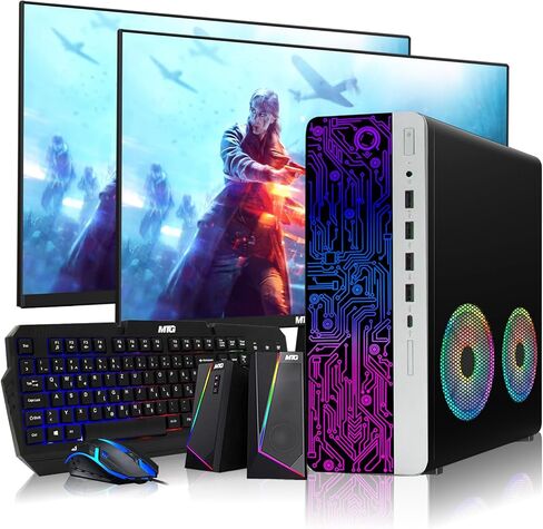 كمبيوتر TechMagnet HP G4 Desktop RGB كمبيوتر Intel i7-8th Gen، 16GB DDR4 Ram 512GB SSD، شاشة منحنية مزدوجة 24 بوصة، مكبر صوت RGB، ماوس لوحة مفاتيح للألعاب، 2X ARGB Fan WiFi، Windows 11 (متجدد) in Kuwait