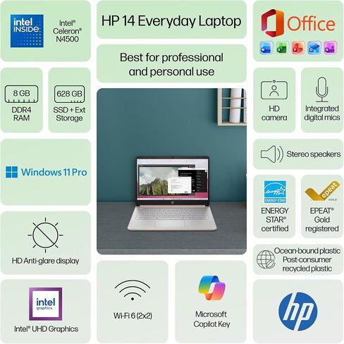 HP 14 Laptop Ultra Portable 2026 Business Home Student Computer, MS Office, Al Copilot, Intel CPU, 8GB RAM, 628GB Storage (128GB SSD + 500GB Ext), Wi-Fi 6, HubxcelAccessory, Win 11 Pro, Rose Gold in Saudi Arabia