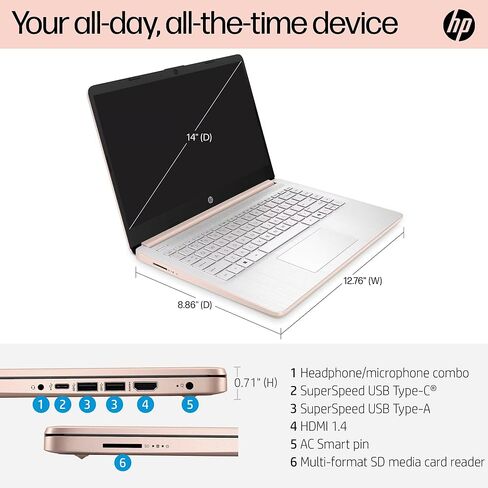 HP 14 Laptop Ultra Portable 2026 Business Home Student Computer, MS Office, Al Copilot, Intel CPU, 8GB RAM, 628GB Storage (128GB SSD + 500GB Ext), Wi-Fi 6, HubxcelAccessory, Win 11 Pro, Rose Gold in Saudi Arabia