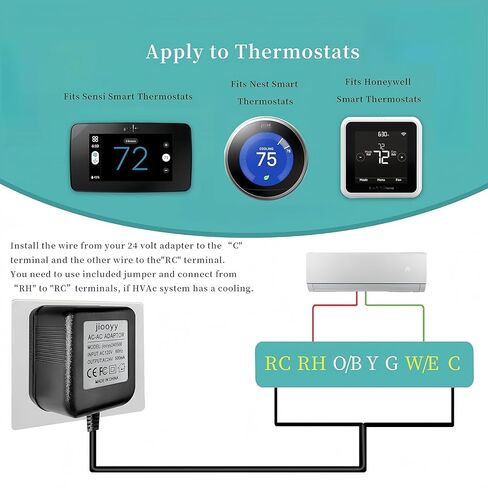محول طاقة جرس الباب 24 فولت - محول سلك C بطول 16.4 قدم، محول جرس الباب يناسب الحلقة، Nest Hello، Wyze، أجراس باب الفيديو Eufy وSensi، Nest، Honeywell Thermostat (أسود) in Kuwait