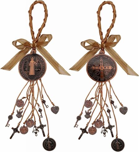 2PCS/Set Medalla De San Benito,Escapularios Wooden Beads Rosary St Benedict Medals for Door with Saint Benedict Cross Crucifix Catholic Gift Set for Car Hanging Charm Home Door Hanger Decor in Saudi Arabia