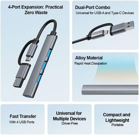 موزع USB 2 في 1 مع منافذ إدخال مزدوجة (USB-A وType-C)، وموسع USB معدني بـ 4 منافذ لأجهزة الكمبيوتر المحمول والأجهزة المحمولة، وموزع USB محمول للتوصيل والتشغيل للاستخدام المنزلي والمكتب والسفر in Kuwait