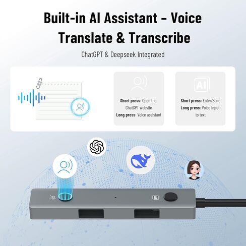 موزع USB 2.0 مزود بأدوات صوتية تعمل بالذكاء الاصطناعي: محول USB متعدد المنافذ - نسخ صوتي - ترجمة - تحويل الكلام إلى جهاز نص للكمبيوتر المحمول - 3 منافذ بيانات USB-A - التوصيل والتشغيل للمكتب المنزلي in Kuwait