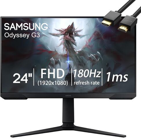 شاشة الألعاب Samsung Odyssey G3 Series، شاشة FHD 24 بوصة 180 هرتز 1 مللي ثانية LED خالية من الوميض، AMD FreeSync، حامل قابل للتعديل، معادل أسود، نقطة تصويب افتراضية، HDMI، DisplayPort، مع كابل HDMI in Kuwait