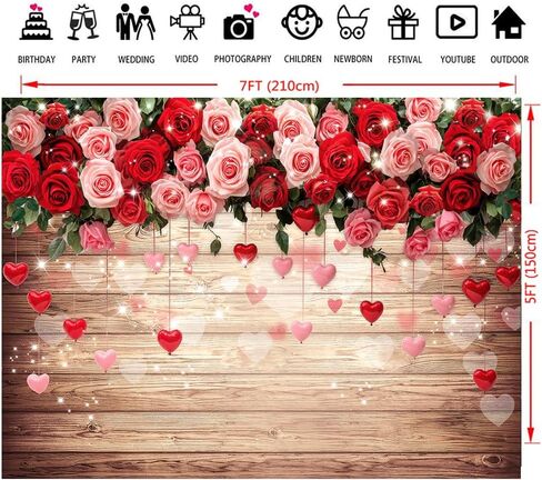 Dudaacvt 7x5ft عيد الحب الخلفيات البني الخشب والورد الأحمر زهرة الحب القلب خلفية عيد الحب الزفاف دش الزفاف حزب زينة راية in Kuwait