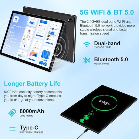 تابلت 2025 Android 15، تابلت ثماني النواة 10 بوصة 22 جيجابايت + 128 جيجابايت + 1 تيرابايت، جهاز لوحي إلكتروني 2 في 1 مع ماوس لوحة مفاتيح، بطارية 8000 مللي أمبير، شاشة IPS عالية الدقة، GPS، Widevine L1، شاشة مقسمة، هيكل معدني - أسود in Kuwait