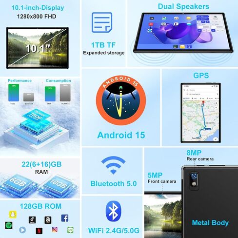 تابلت 2025 Android 15، تابلت ثماني النواة 10 بوصة 22 جيجابايت + 128 جيجابايت + 1 تيرابايت، جهاز لوحي إلكتروني 2 في 1 مع ماوس لوحة مفاتيح، بطارية 8000 مللي أمبير، شاشة IPS عالية الدقة، GPS، Widevine L1، شاشة مقسمة، هيكل معدني - أسود in Kuwait