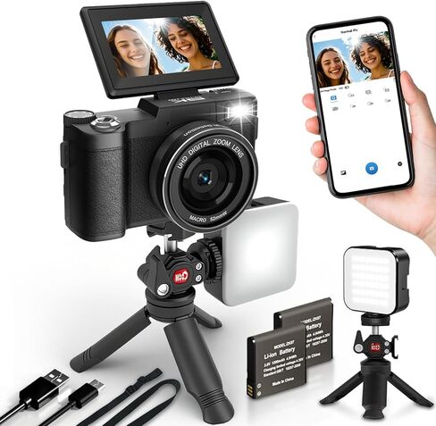 كاميرا رقمية بدقة 5K للتصوير الفوتوغرافي وكاميرا تسجيل فيديو واي فاي بدقة 64 ميجابكسل لكاميرا فيديو ذات تركيز تلقائي على YouTube مع شاشة قلاب وكاميرات رقمية مدمجة مع بطاريات وإضاءة سيلفي وحامل ثلاثي القوائم لسطح المكتب in Kuwait