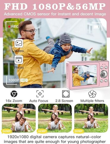 ترقية الكاميرا الرقمية، كاميرا 56 ميجابكسل FHD 1080P للأطفال مع تكبير 16x مضاد للاهتزاز، كاميرا للأطفال مع بطاقة TF سعة 32 جيجابايت، بطاريتان، حبل قصير، صغير الحجم للأطفال الأولاد والبنات (وردي) in Kuwait