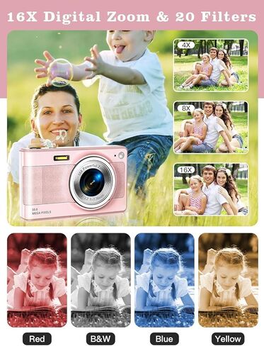 ترقية الكاميرا الرقمية، كاميرا 56 ميجابكسل FHD 1080P للأطفال مع تكبير 16x مضاد للاهتزاز، كاميرا للأطفال مع بطاقة TF سعة 32 جيجابايت، بطاريتان، حبل قصير، صغير الحجم للأطفال الأولاد والبنات (وردي) in Kuwait