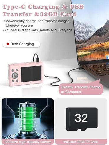 ترقية الكاميرا الرقمية، كاميرا 56 ميجابكسل FHD 1080P للأطفال مع تكبير 16x مضاد للاهتزاز، كاميرا للأطفال مع بطاقة TF سعة 32 جيجابايت، بطاريتان، حبل قصير، صغير الحجم للأطفال الأولاد والبنات (وردي) in Kuwait
